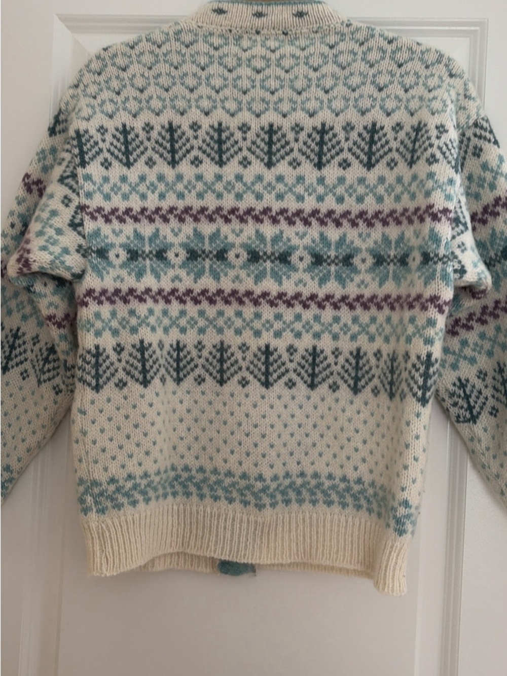 L.L. Bean Cream Fair Isle Wool Cardigan with Teal & Purple Accents - Picture 2 of 2
